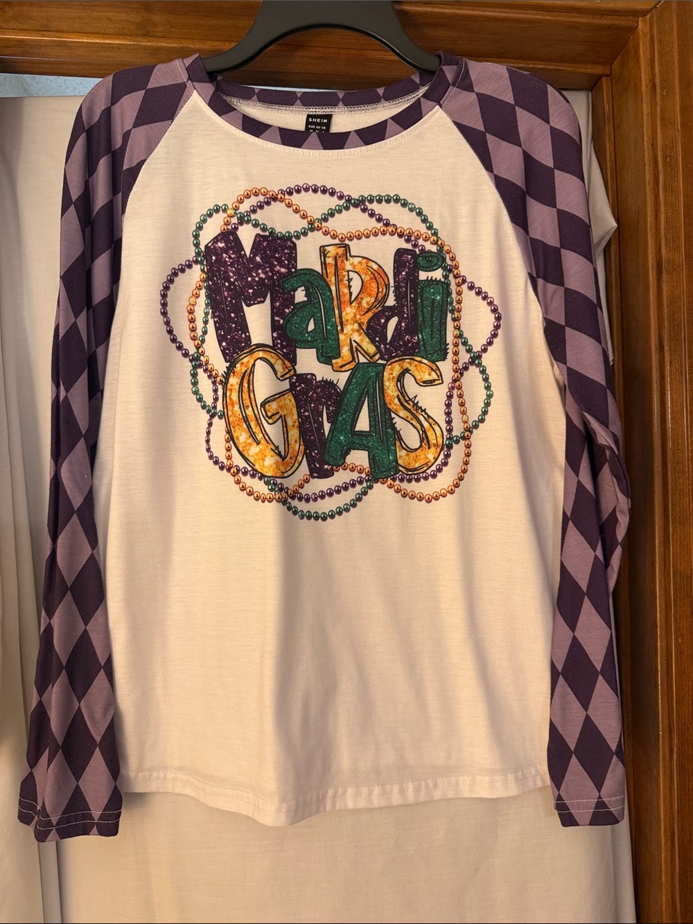 SHEIN Purple & White Girls' Mardi Gras Long-Sleeve Raglan Tee